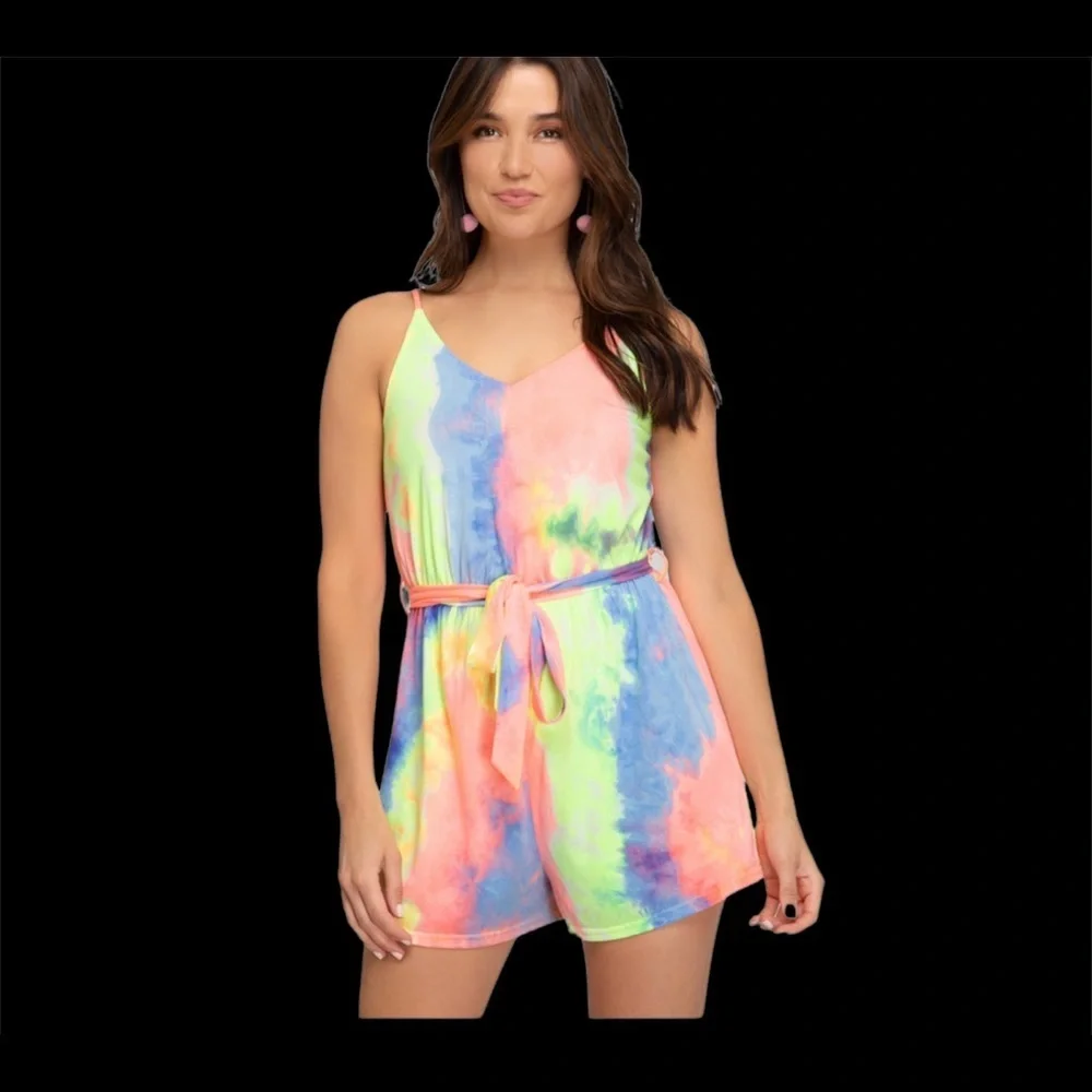 She+Sky womens size M Romper Jumpsuit shorts Boho Tie Dye sleeveless beach pink - Picture 4 of 12